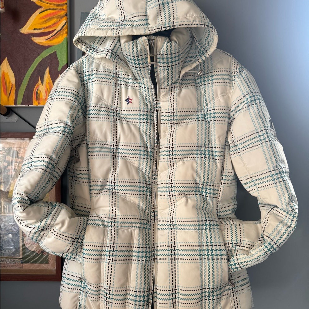 ZeroXposur White Plaid Hooded Puffer with Teal & Black Accents